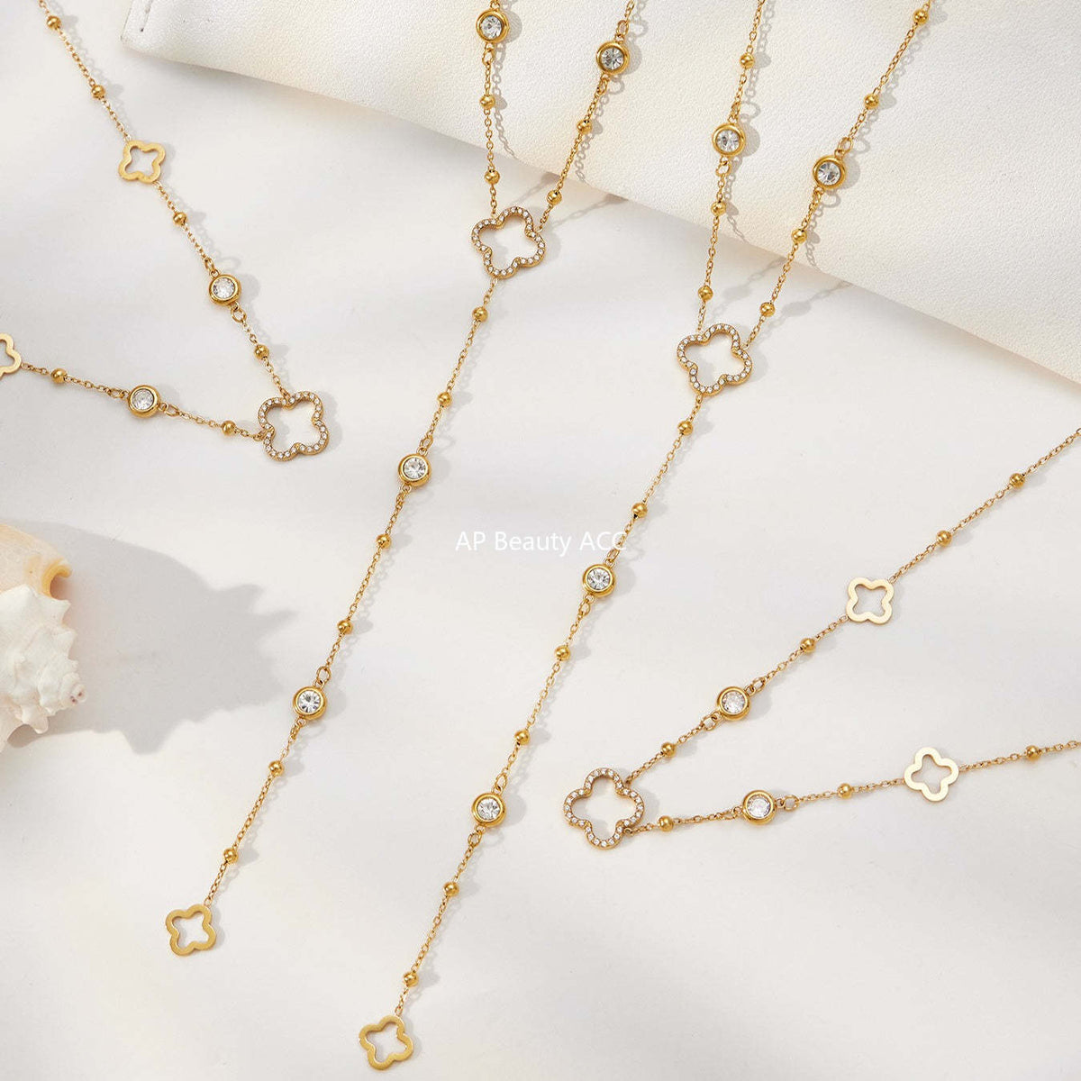 B廠-不鏽鋼5A鋯石Y字花朵流蘇項鍊鍍18k真金歐美時尚簡約輕奢珠寶首飾「P664」25.12-3