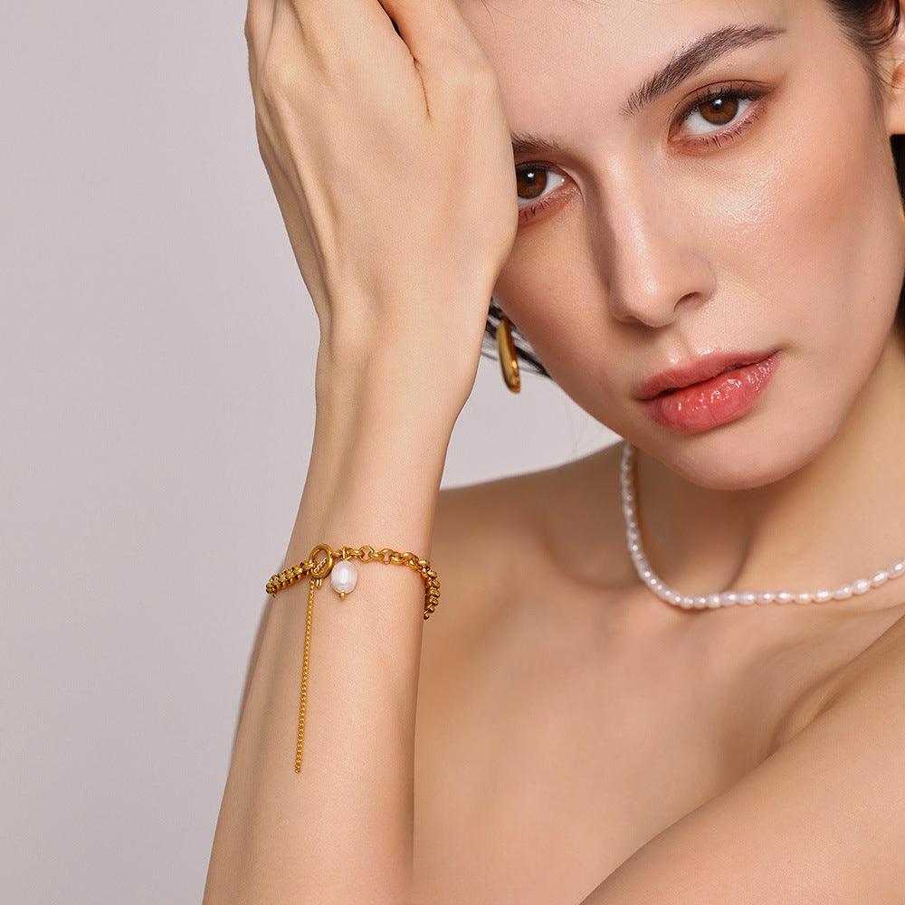 B廠-ins輕奢流蘇鏈條巴洛克淡水珍珠手鍊女不鏽鋼bracelet手飾「E178」25.04-1