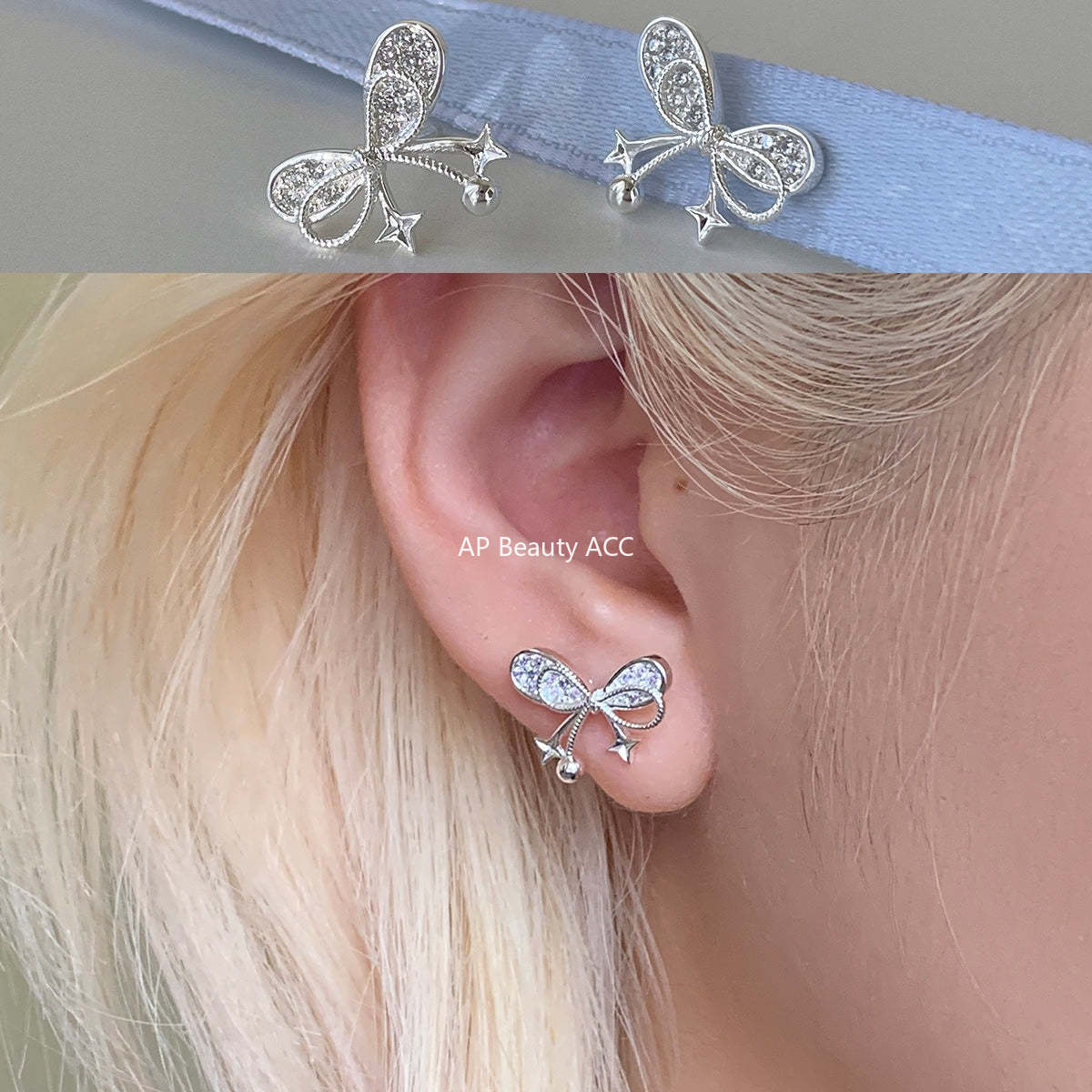 C廠-韓系小香風蝴蝶結星星耳釘女輕奢高級感銀針鋯石耳環精緻秋冬耳飾「EH-4329」25.12-1