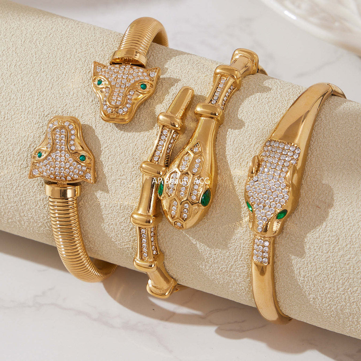 B廠-歐美新款雙豹子頭滿鑽5A鋯石開口彈力手鐲不鏽鋼鍍18k真金「Z506-Z507-Z508」25.10-5