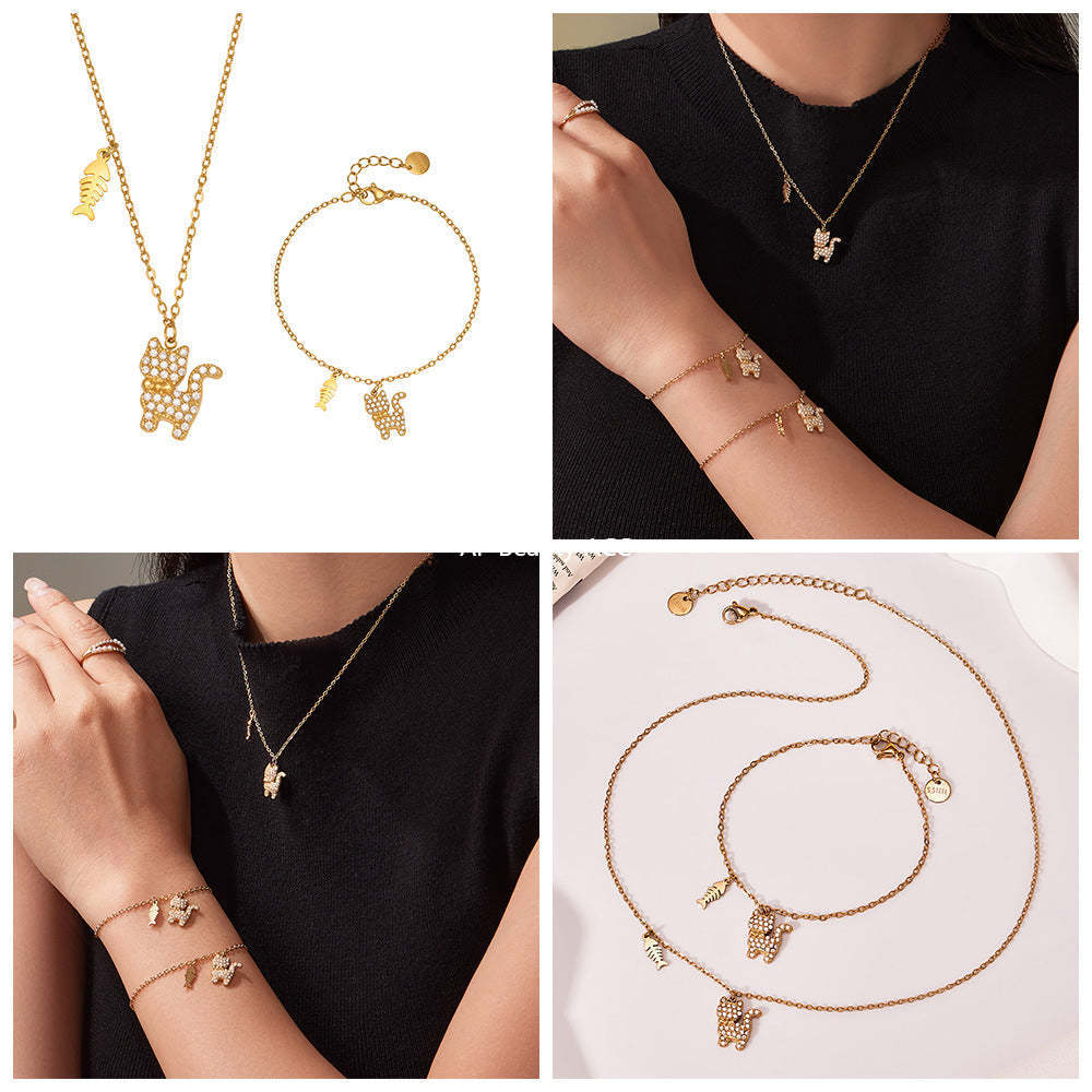 B廠-時尚可愛小貓帶鑽吊墜手鍊項鍊套裝不鏽鋼鍍18k真金不掉色「TXP464」25.11-3