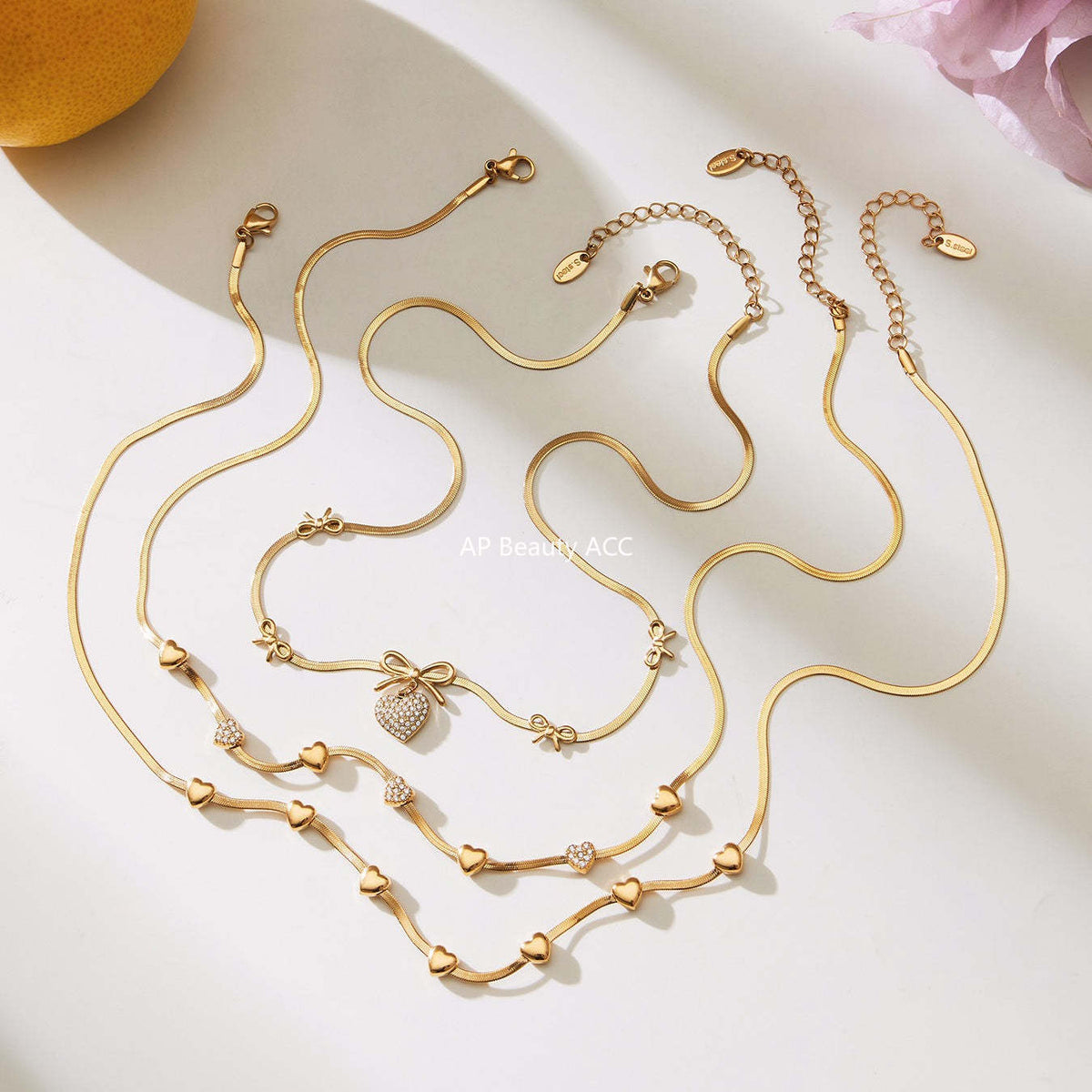 B廠-不鏽鋼蝴蝶結愛心鋯石滿鑽吊墜刀片鏈手鍊項鍊首飾套裝鍍18k真金「TXP499」25.11-4