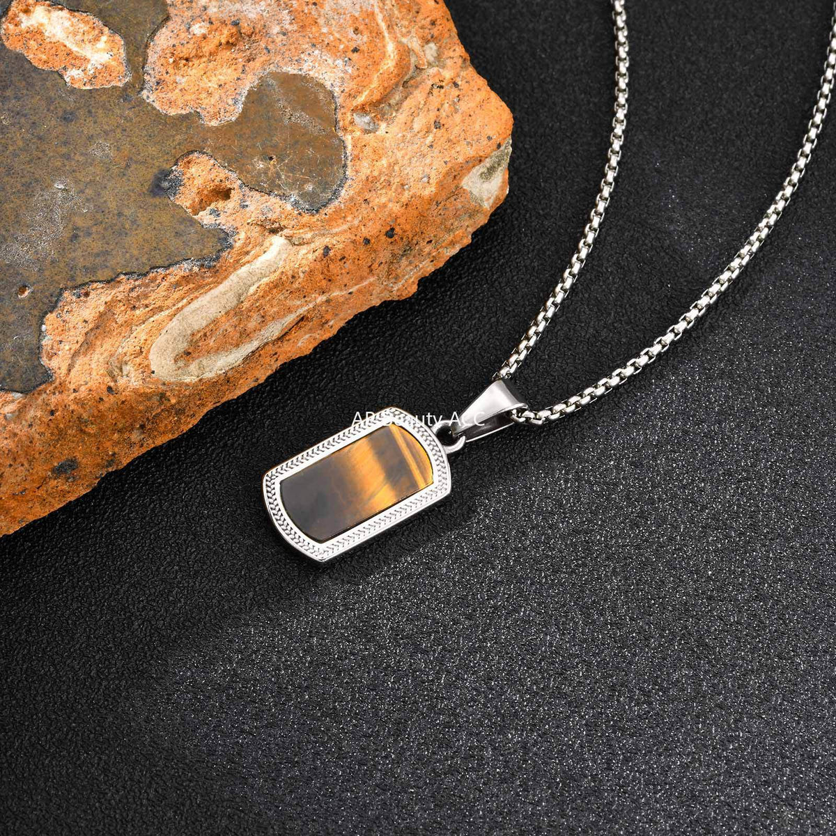 G廠-不鏽鋼嘻哈大寶石方塊壓花邊虎眼石吊墜鋼色「PN-2162」25.10-5