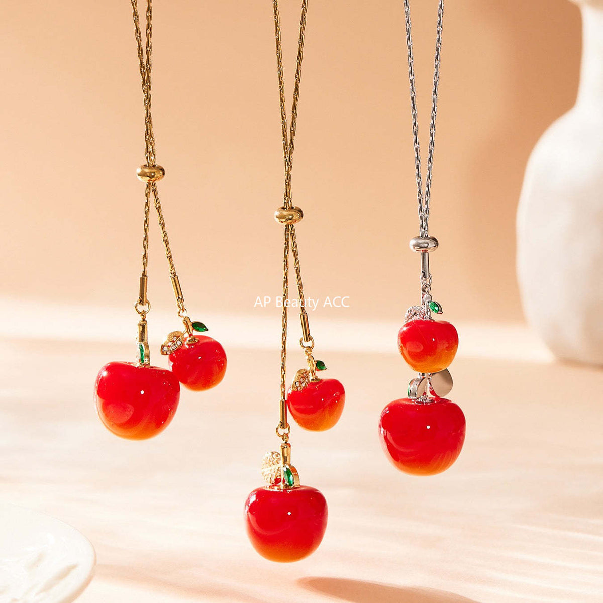 B廠-5A鋯石抽拉大小櫻桃吊墜毛衣項鍊不鏽鋼鍍18k真金珠寶首飾「P1366」25.11-3
