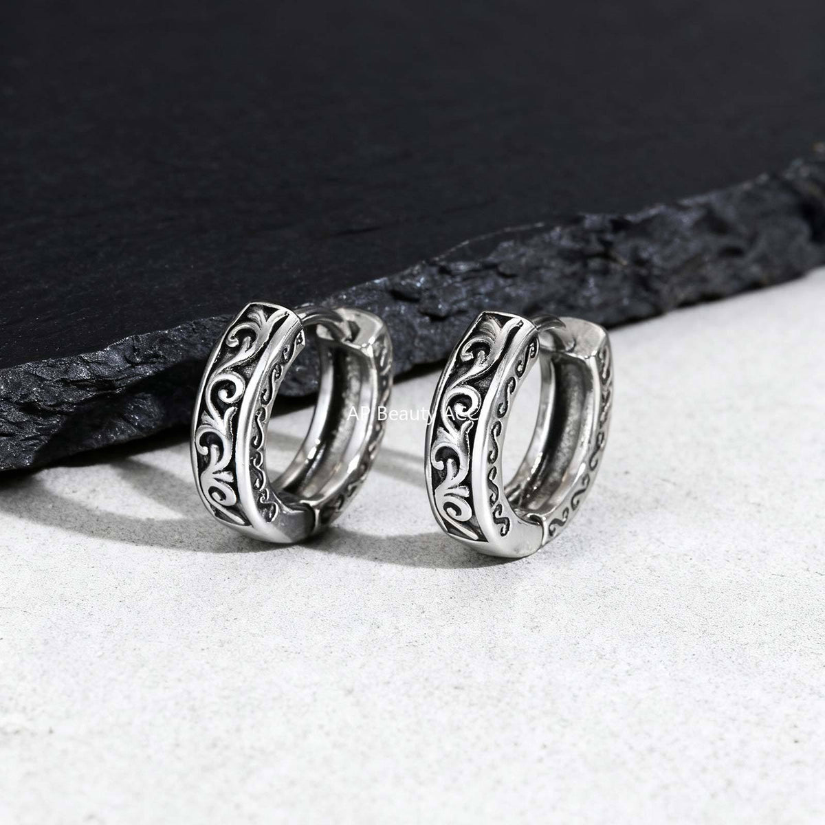 G廠-不鏽鋼花紋耳圈鋼色草紋花紋耳環男女街頭時尚嘻哈潮人耳飾「EH-839」25.12-1