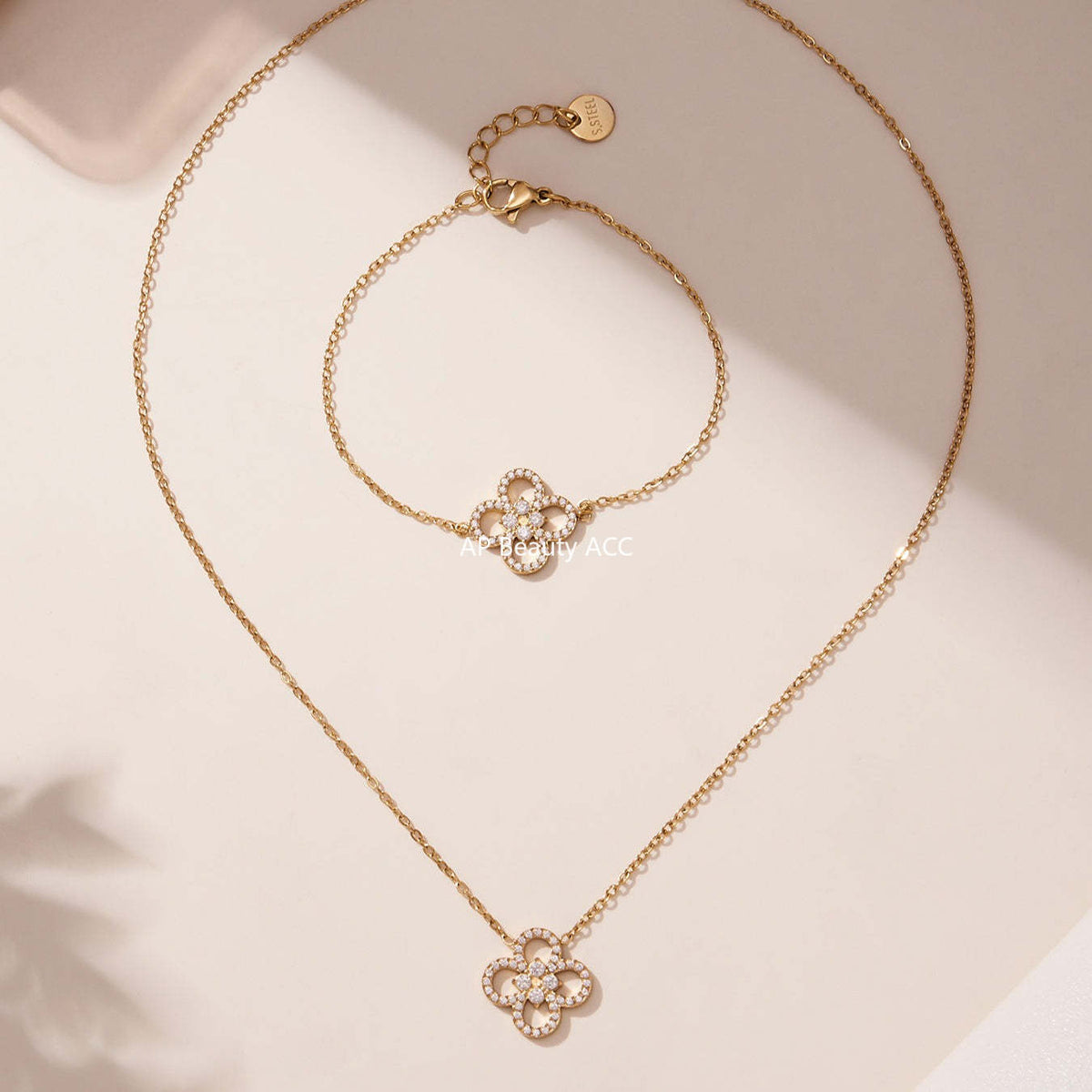 B廠-不鏽鋼四葉草鋯石項鍊手鍊 鍍18k金歐美時尚百搭個性首飾「TXP474-TXE474」25.11-3