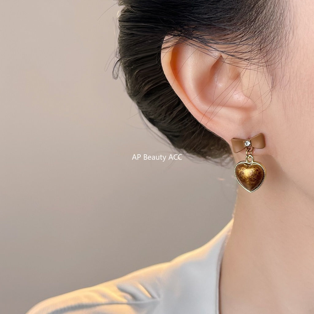 A廠-秋冬熱賣美拉德風咖色大地色蝴蝶結愛心銀針耳環新款耳飾批發「7018」25.11-1