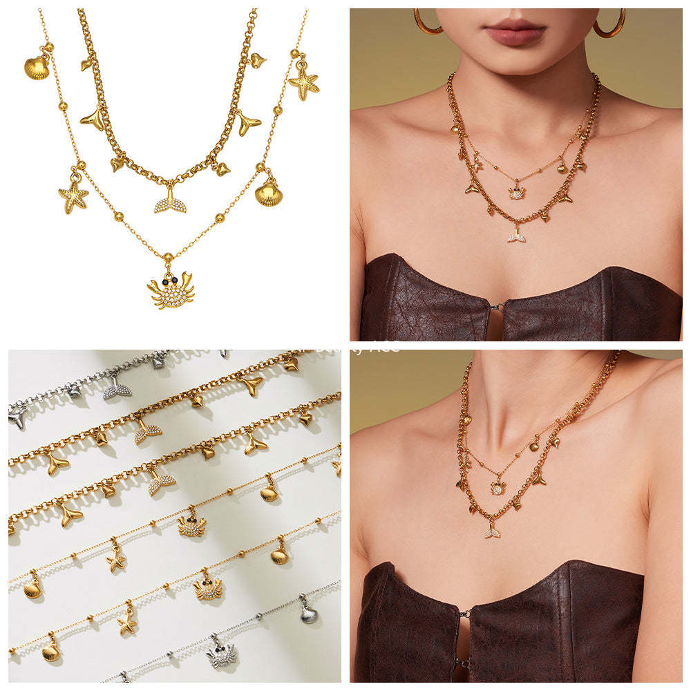 B廠-不鏽鋼DIY熱銷新款貝殼螃蟹5A鋯石帶鑽吊墜海洋沙灘風項鍊「P826」25.11-4