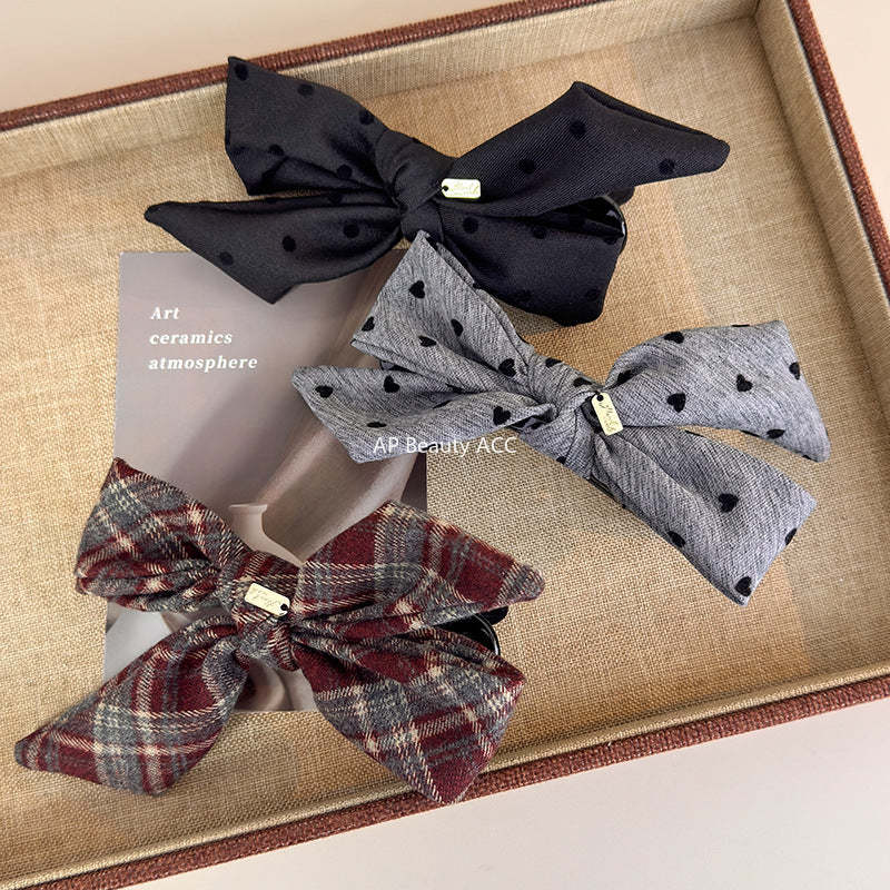 E廠-韓ins愛心波點毛呢格紋蝴蝶結金標後腦勺盤髮夾扎馬尾橫夾髮夾「27749」25.12-1