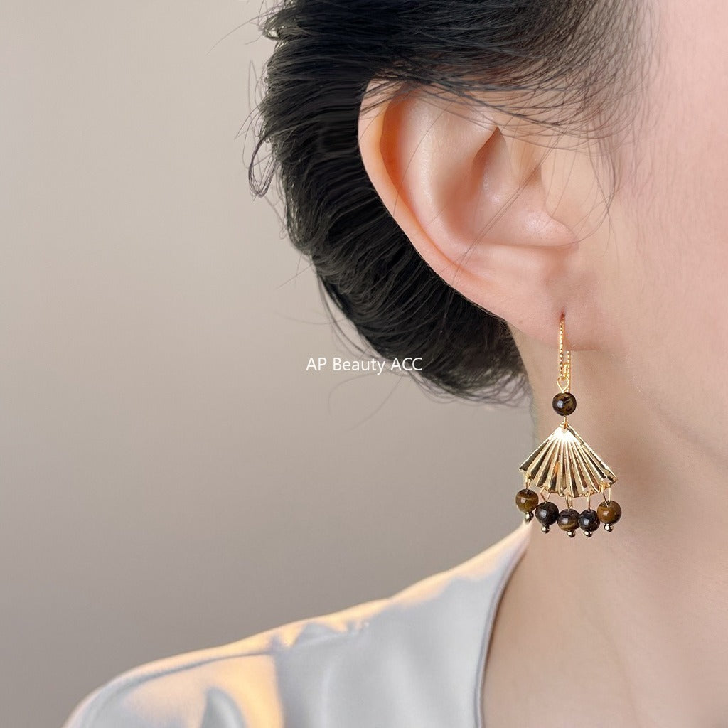 A廠-美拉德風虎眼石天然石手工設計感扇形流蘇咖色秋冬新款耳飾耳環「7020」25.11-1