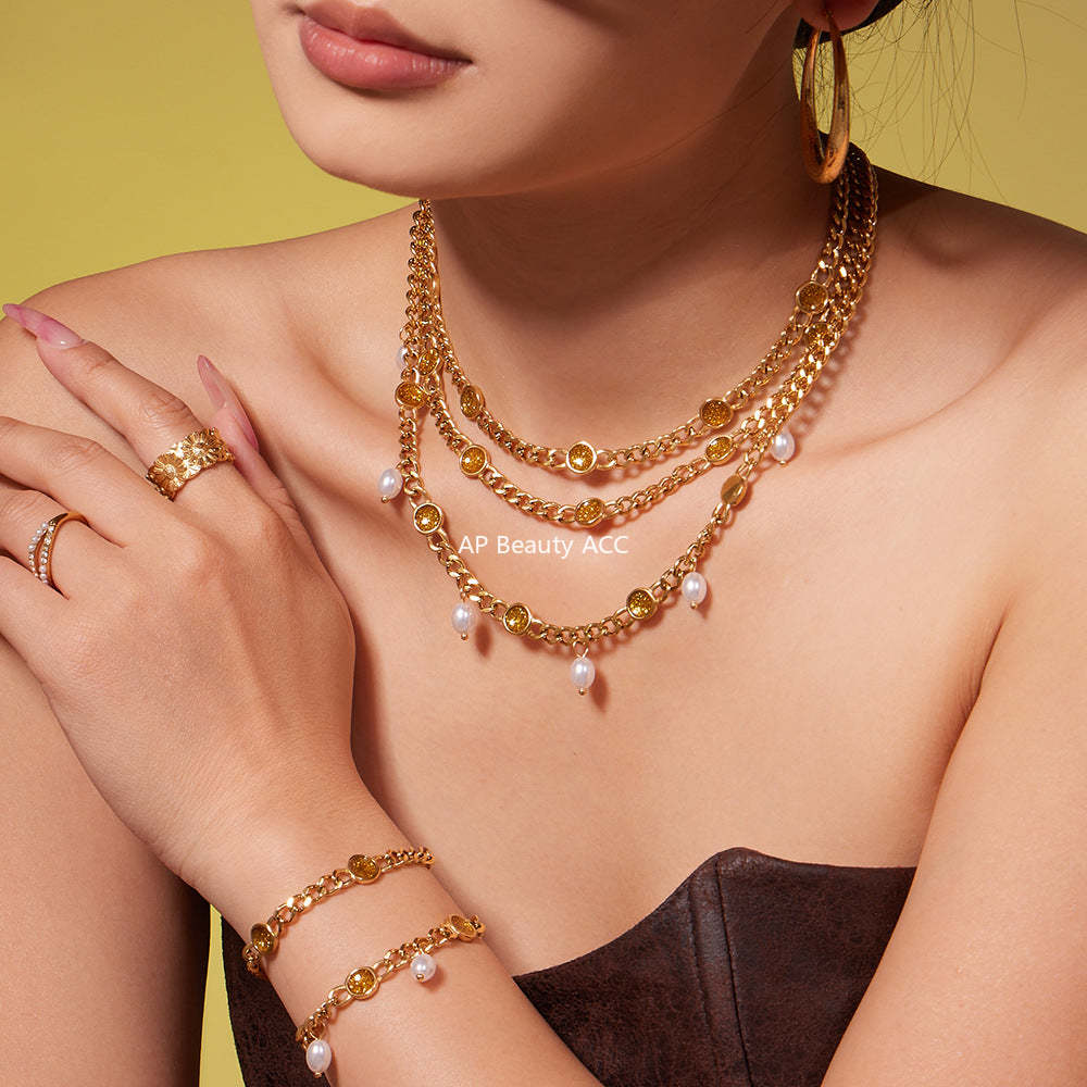 B廠-歐美熱銷款仿珍珠流蘇項鍊手鍊不鏽鋼鍍18k金ins小眾設計首飾套裝「TXP496」25.11-4