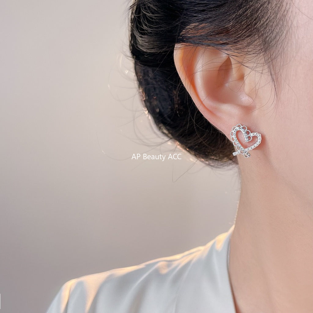 A廠-微鑲鋯石925銀針蕾絲鏤空愛心銀色耳環 氣質簡約甜美新款耳飾「7067」25.11-2