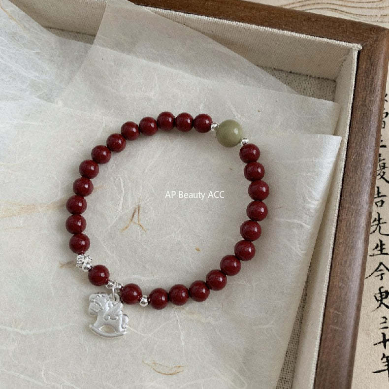 C廠-新中式搖搖馬手鍊高含量天然朱砂女2026屬馬生肖馬年S925純銀手鍊「1635」25.12-3