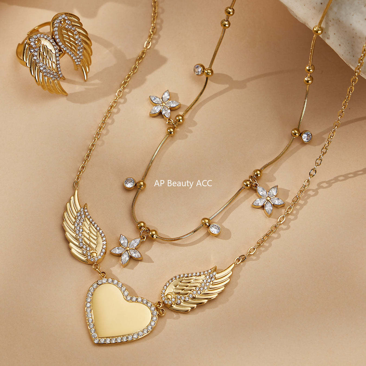 B廠-不鏽鋼5A鋯石愛心翅膀吊墜項鍊羽翼開口戒指套裝鍍18k真金不掉色「TXP523」25.12-3