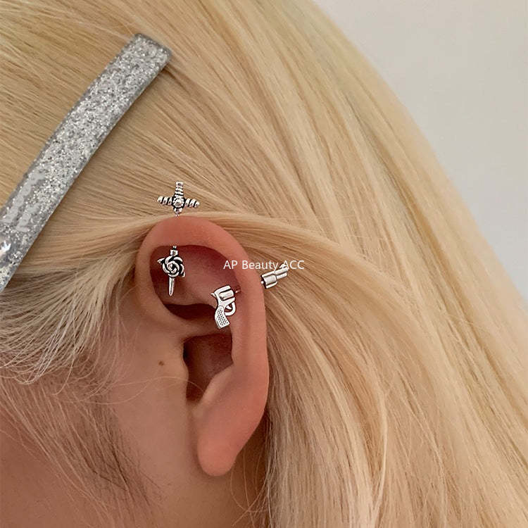 C廠-獨特冷淡風小手槍銀針耳釘女甜酷高級感玫瑰花十字架耳骨釘新耳飾「EH-4190」25.10-5