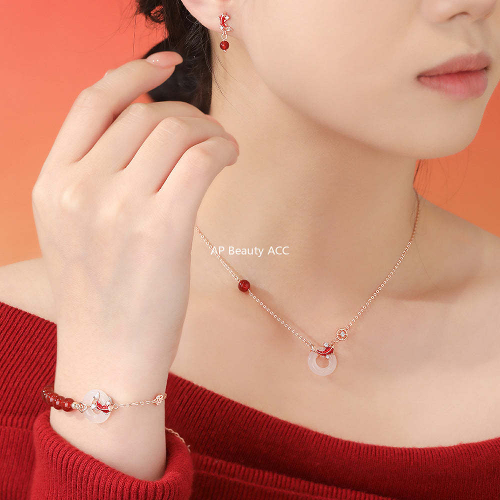 D廠-原創足銀S999紅瑪瑙白玉髓錦鯉平安扣項鍊個性手鍊新中式耳環批發「YC3379E_1 YC2289N_1 YC5110SL_1」25.12-2