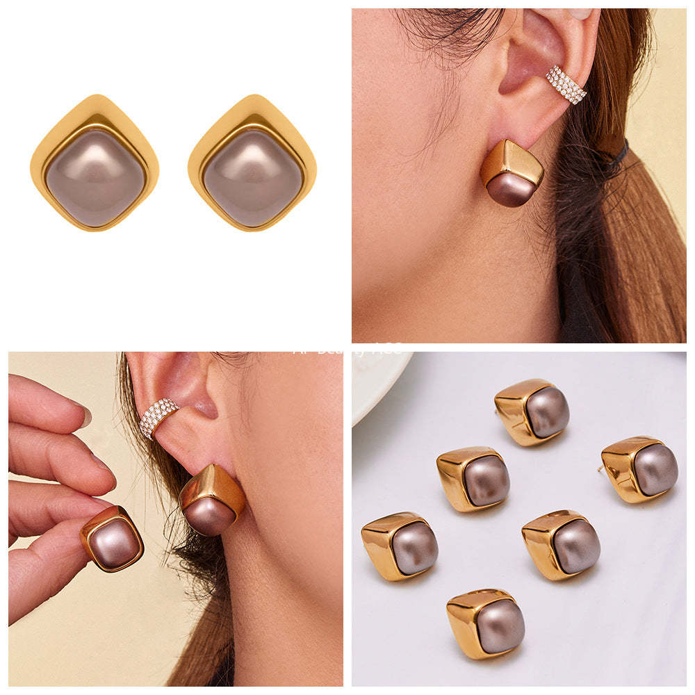 B廠-不鏽鋼幾何異形灰色仿珍珠耳釘小眾設計新款耳飾鍍18k真金「F629」25.10-5