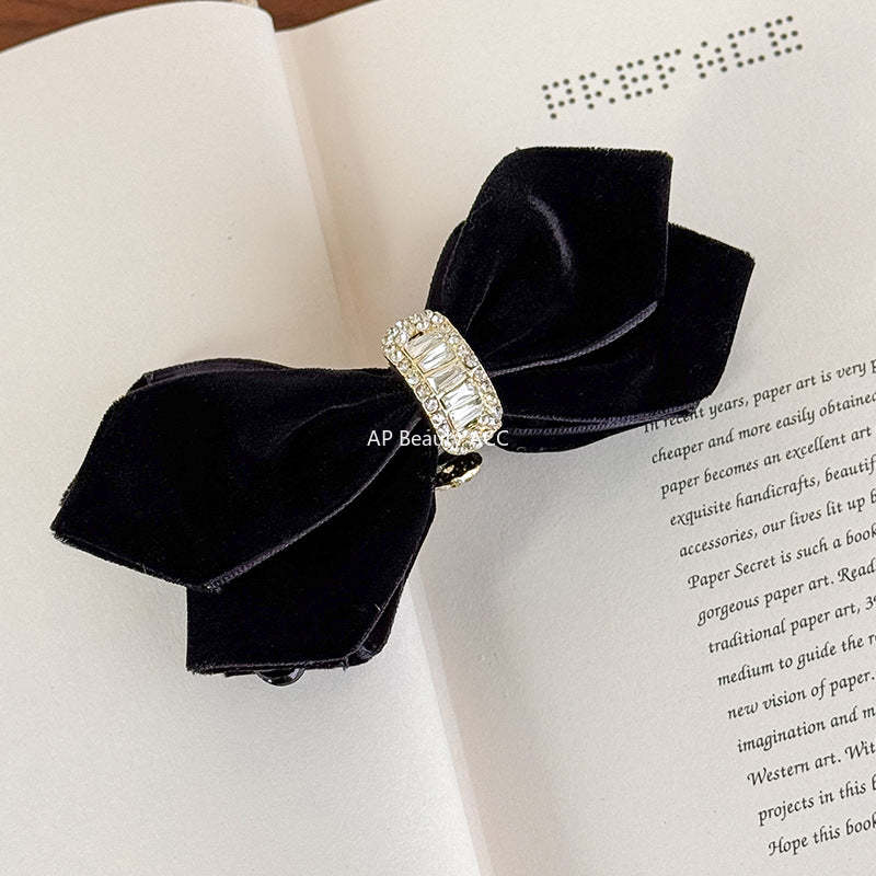 E廠-2025秋冬新款黑色絲絨蝴蝶結香蕉夾竪夾扎高馬尾頭飾髮夾女抓夾「27735」25.12-1