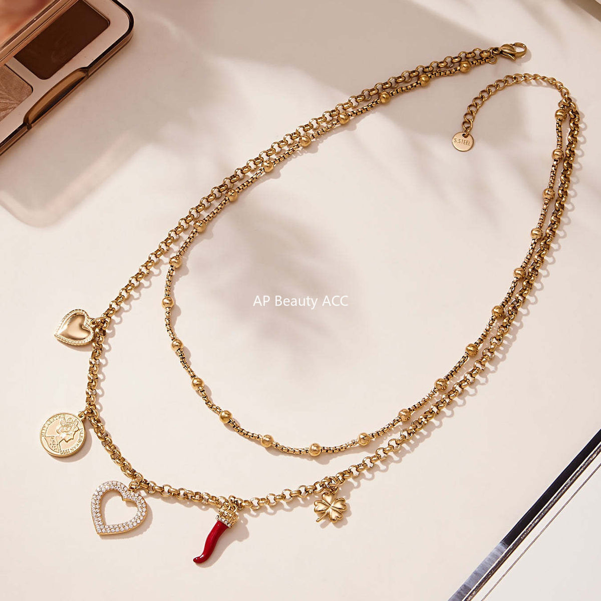 B廠-不鏽鋼雙層疊戴項鍊 ins愛心鋯石多吊墜歐美百搭輕奢鎖骨鏈「P170」25.11-3