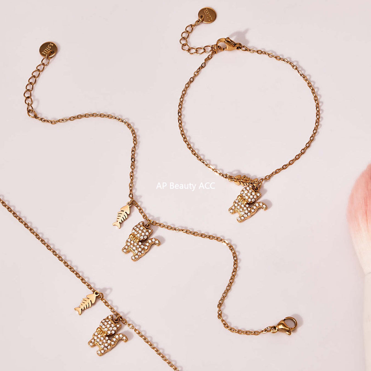 B廠-時尚可愛小貓帶鑽吊墜手鍊項鍊套裝不鏽鋼鍍18k真金不掉色「TXP464」25.11-3