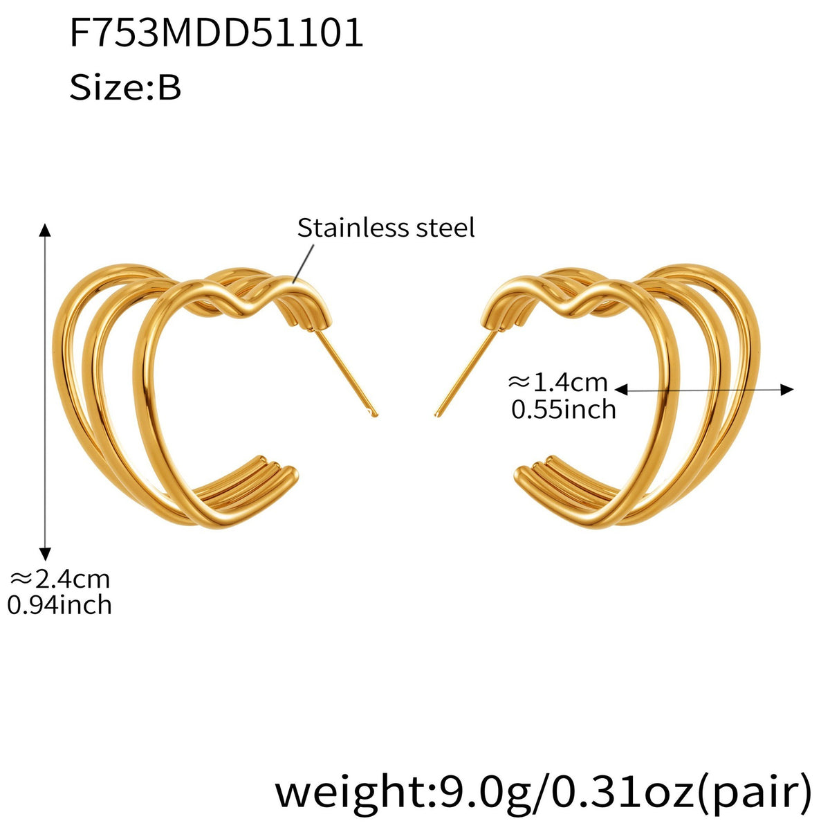 B廠-ins風小眾設計三層愛心形耳環不鏽鋼18k鍍金耳釘不掉色耳飾「F753」25.11-1