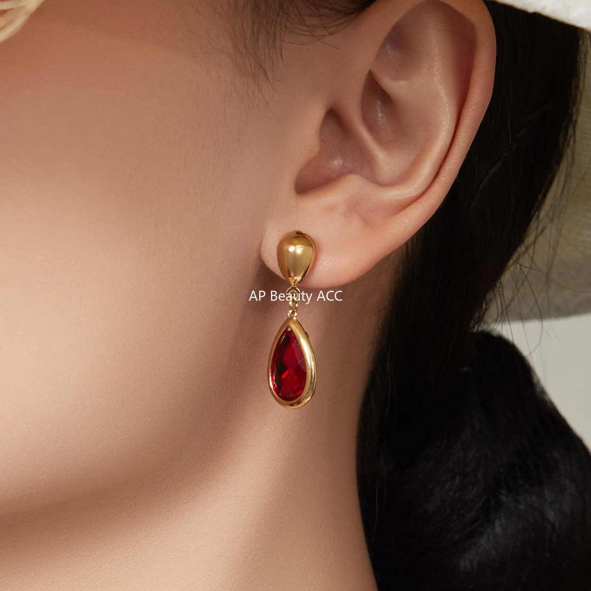 B廠-不鏽鋼十字夾珠鏈橢圓包邊切面玻璃石項鍊耳環首飾套裝鍍18k真金「TXP506」25.12-1