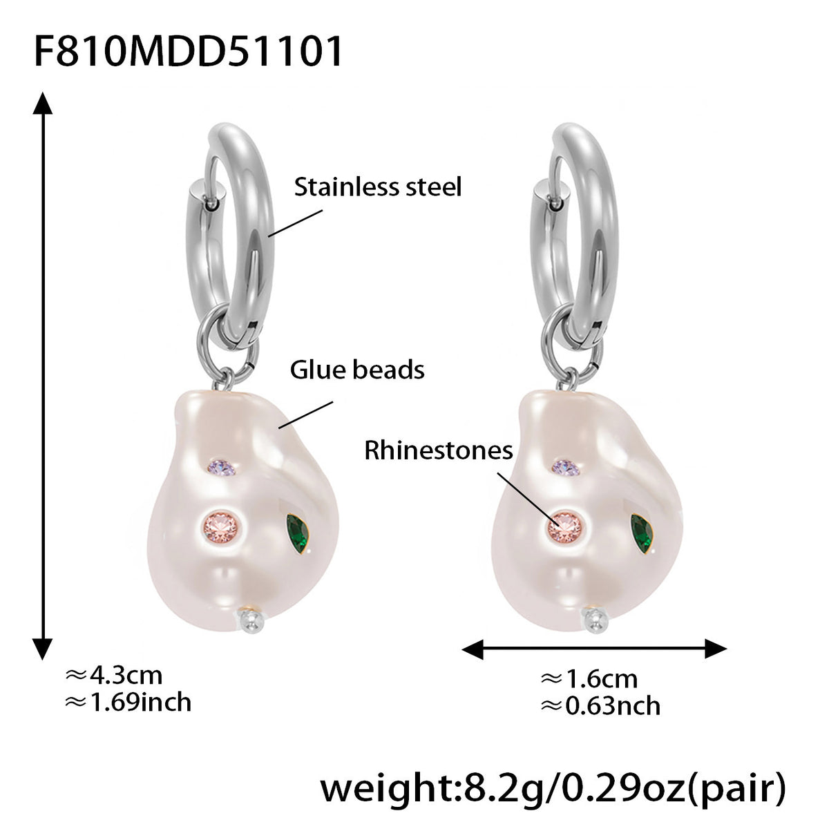 B廠-不鏽鋼異形巴洛克膠珠耳環鍍18k金彩色水鑽時尚輕奢耳飾女「F810」25.11-1