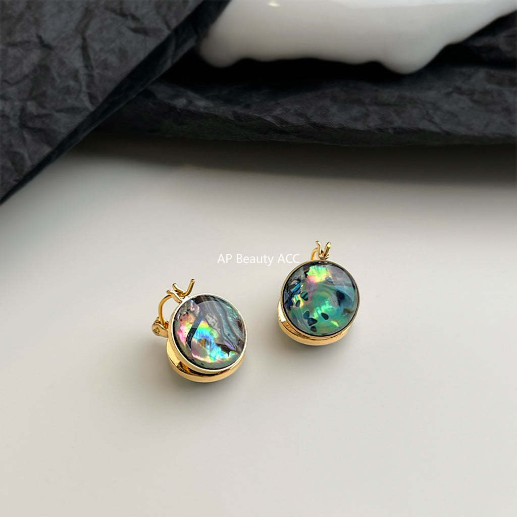 A廠-鮑魚貝！時尚高級感輕奢風中古圓形幾何雙面耳飾工廠貝殼耳環飾品「7101」25.11-4