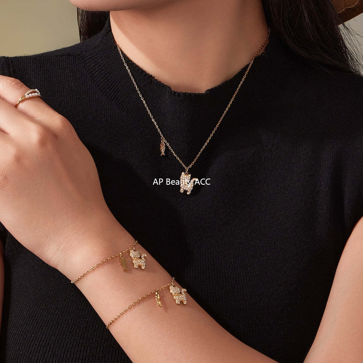 B廠-時尚可愛小貓帶鑽吊墜手鍊項鍊套裝不鏽鋼鍍18k真金不掉色「TXP464」25.11-3