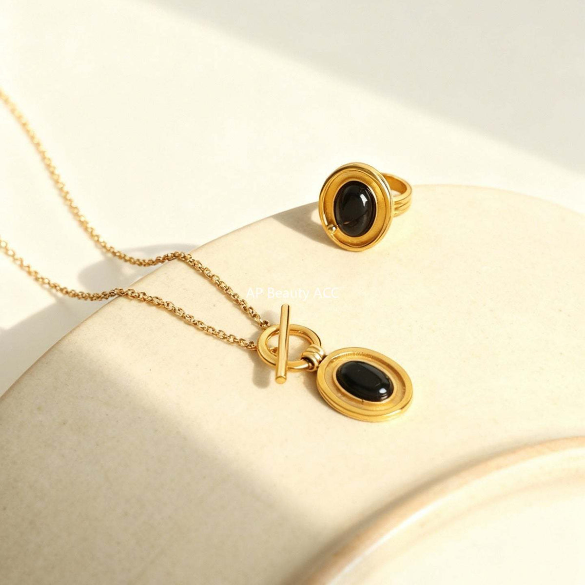 B廠-不鏽鋼天然瑪瑙吊墜OT扣項鍊個性優雅氣質戒指套裝鍍18k金不掉色「P1889」25.12-2