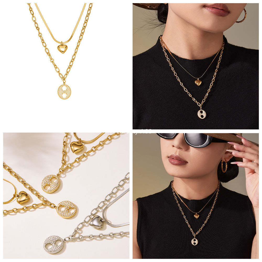 B廠-不鏽鋼雙層疊戴愛心豬鼻子鋯石項鍊 鍍18k金歐美百搭項飾「P100」25.11-3