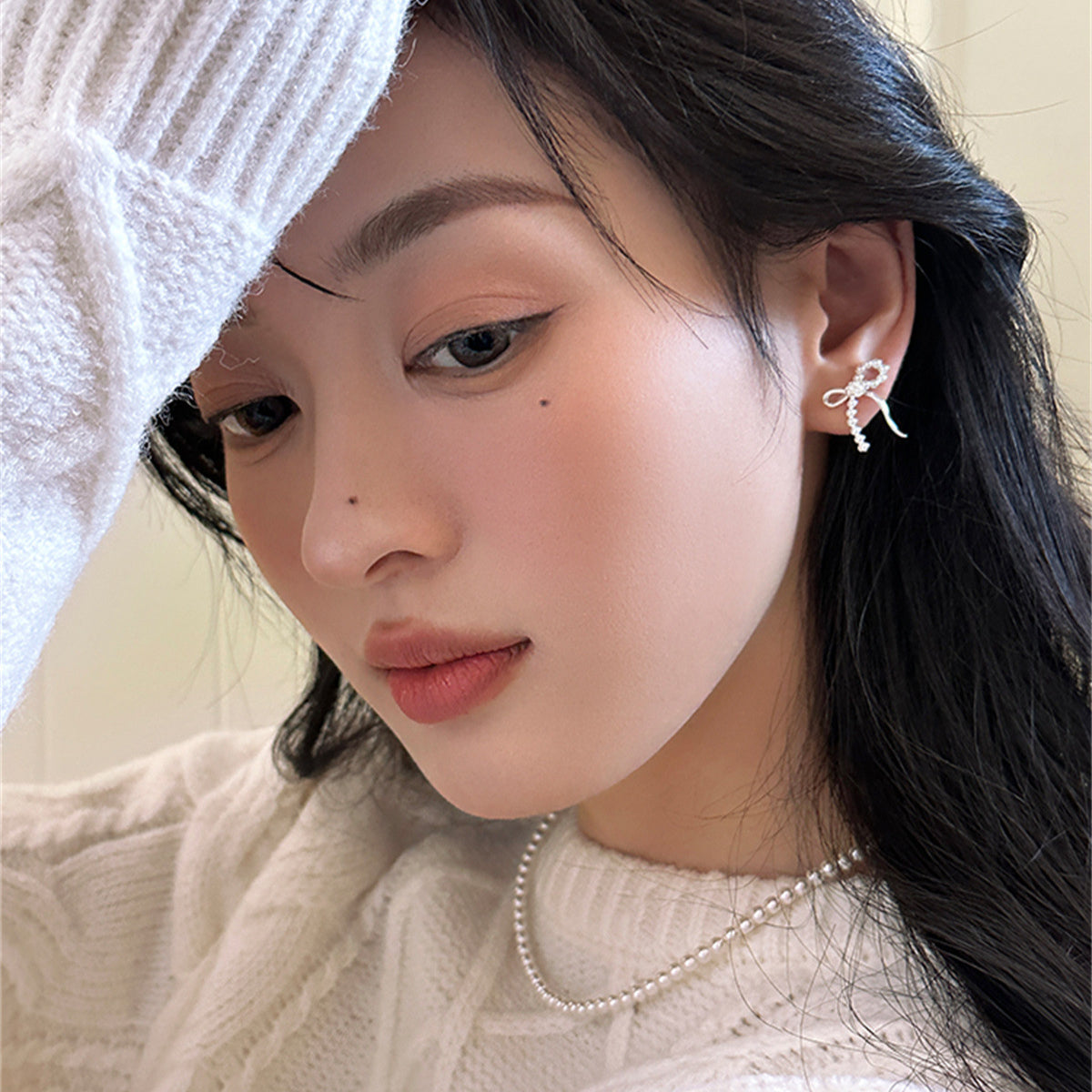 C廠-甜美珍珠蝴蝶結耳釘女森系百搭玫瑰花銀針耳環輕奢高級感氣質耳飾「EH-3586」25.05-2