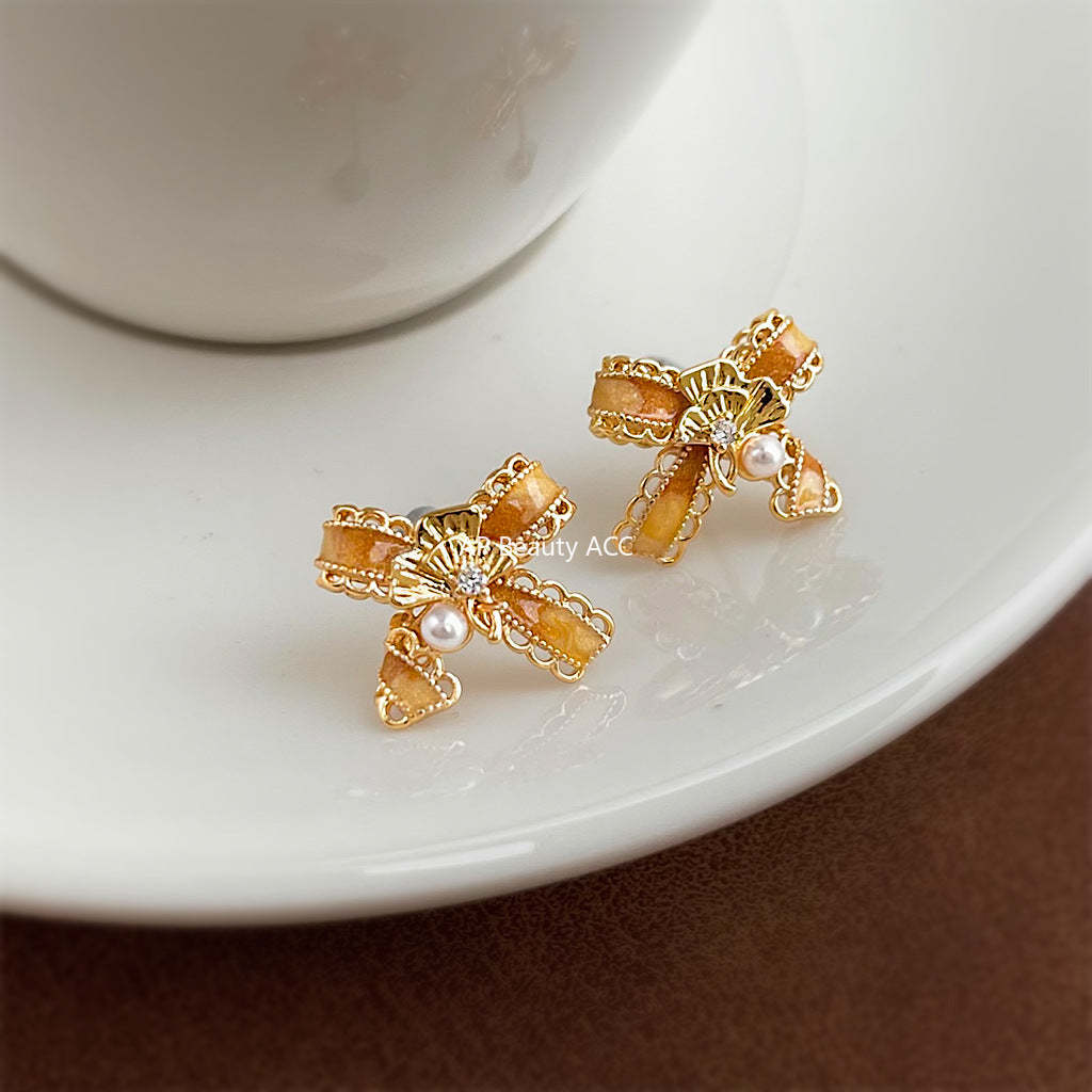 A廠-原創蝴蝶結銀杏葉手工彩繪925銀針鍍14K漸變色工廠耳飾耳環飾品女「7192」25.12-1