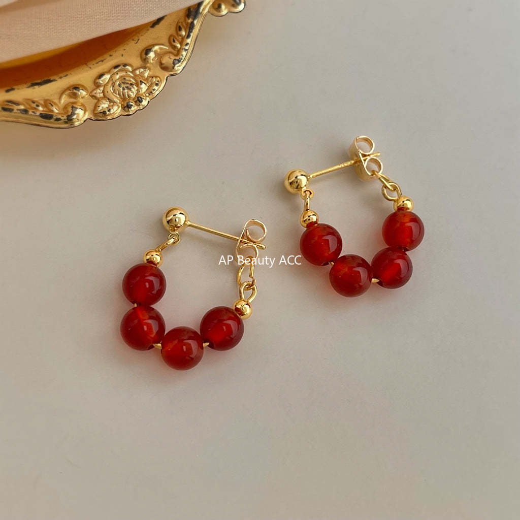 A廠-天然石紅瑪瑙新中式文藝復古國潮氣質高級感新款耳飾工廠耳環飾品「7259」25.12-3