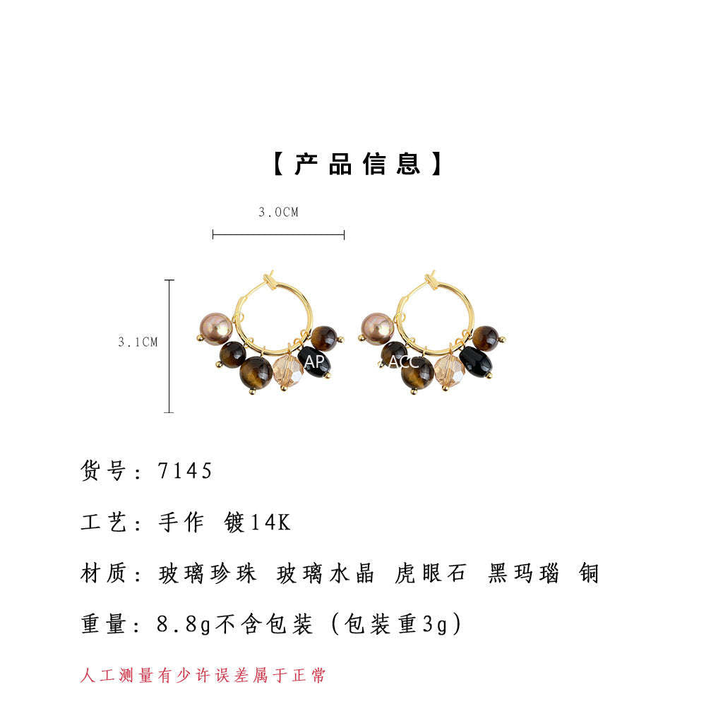A廠-文藝復古天然石虎眼石手工藝設計感幾何圓圈耳環中古風飾品耳環「7145」25.11-4