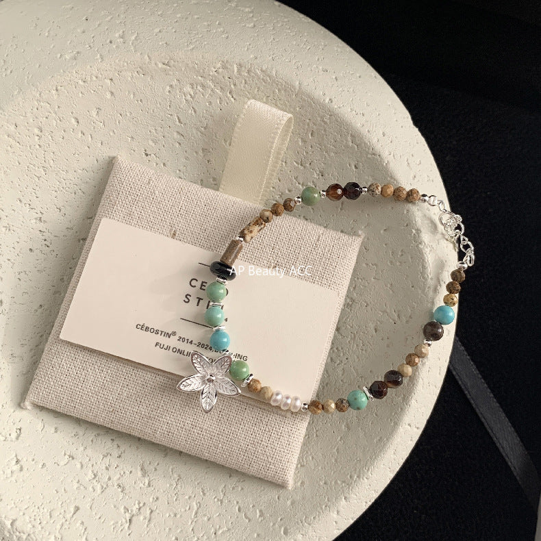 C廠-泰國清邁手工銀 天然珍珠花朵鋁鎂礦圖畫石S925純銀手鍊925銀項鍊「1540」25.11-2