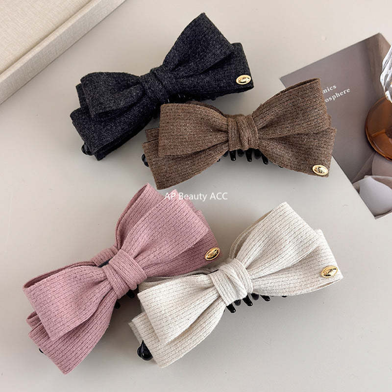 E廠-秋冬毛呢雙面蝴蝶結香蕉夾女後腦勺高馬尾髮夾氣質鯊魚夾頭飾髮卡「27708」25.11-3