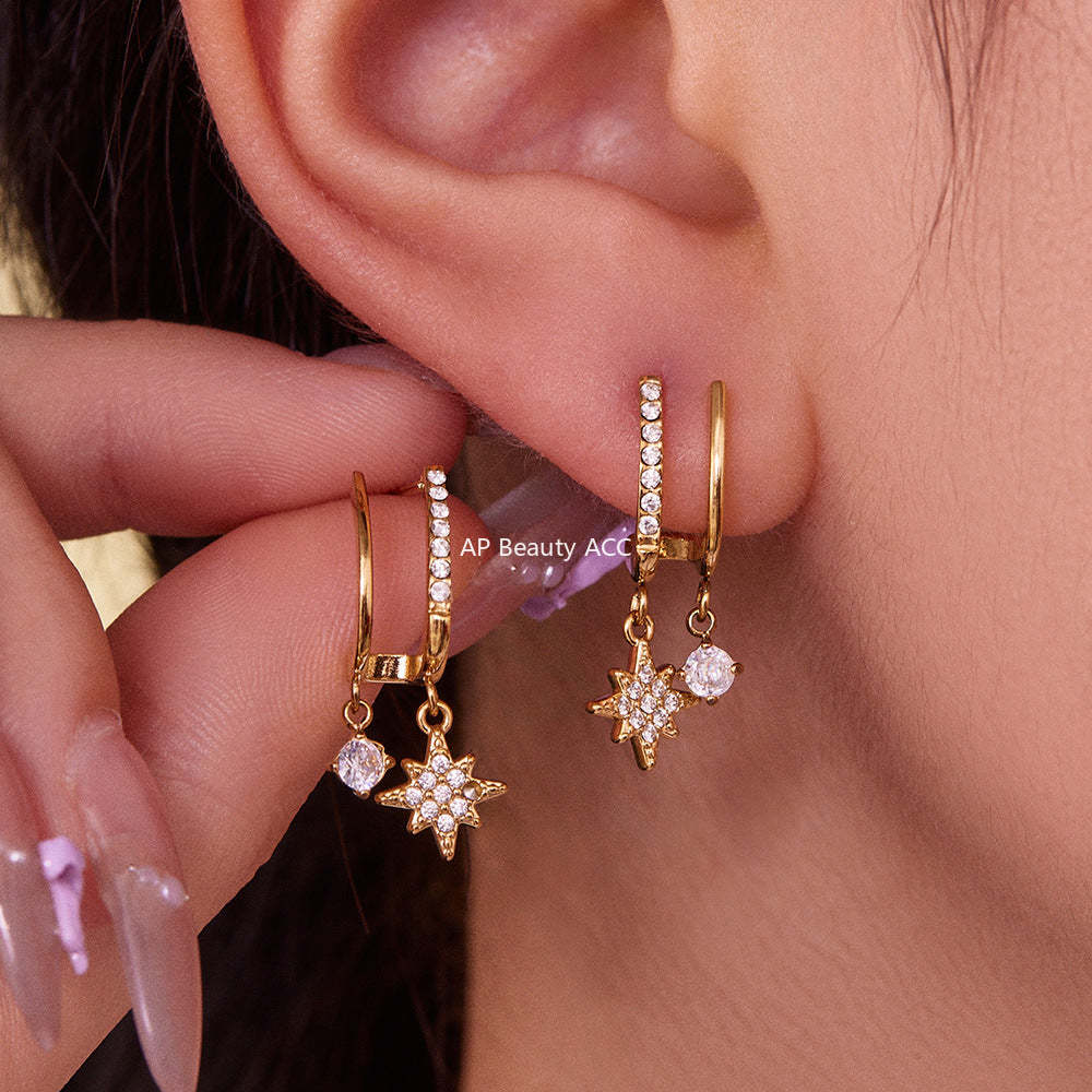 B廠-不鏽鋼5A鋯石雙層爪鑽超閃八芒星吊墜耳環跨境氣質百搭耳飾「F1327」25.10-5