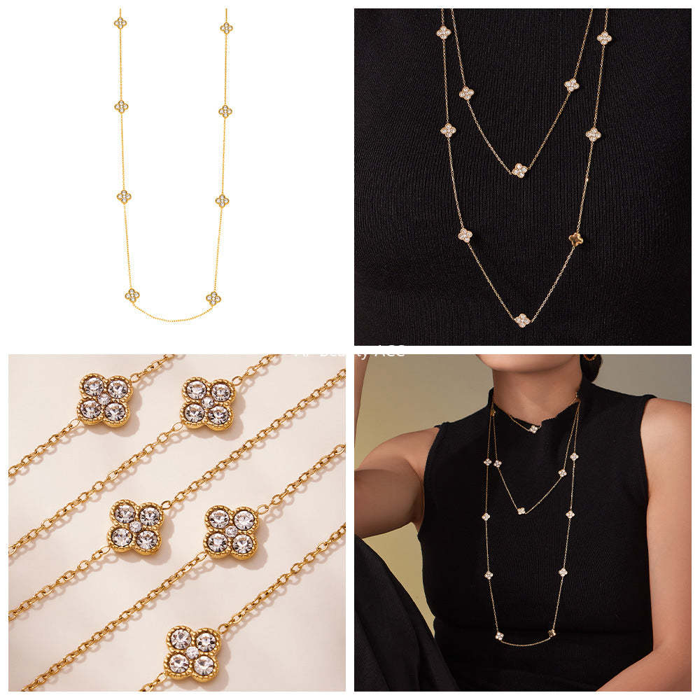 B廠-超閃5A鋯石小花朵滿鑽長款毛衣鏈歐美風時尚百搭不鏽鋼飾品「M086」25.11-3