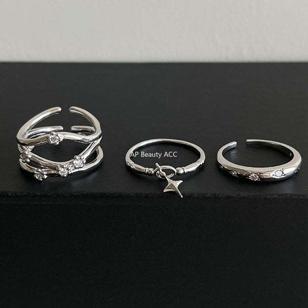 C廠-時尚個性冷淡風星星吊墜純銀戒指女小眾輕奢疊戴風多層鋯石食指戒「JZ-0720」25.10-5