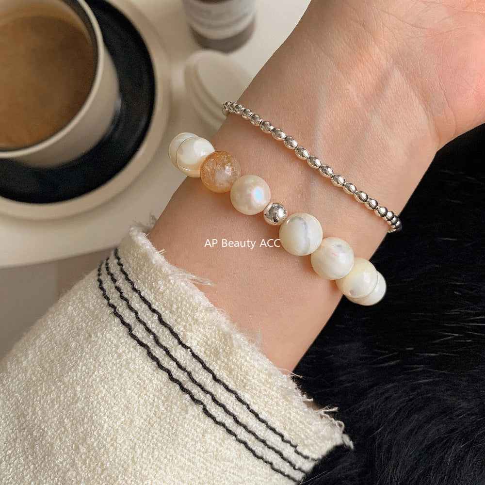 C廠-chic輕奢百搭天然貝珠海貝殼珠天然淡水珍珠天然白水晶黃塔晶手鍊「1543」25.11-2