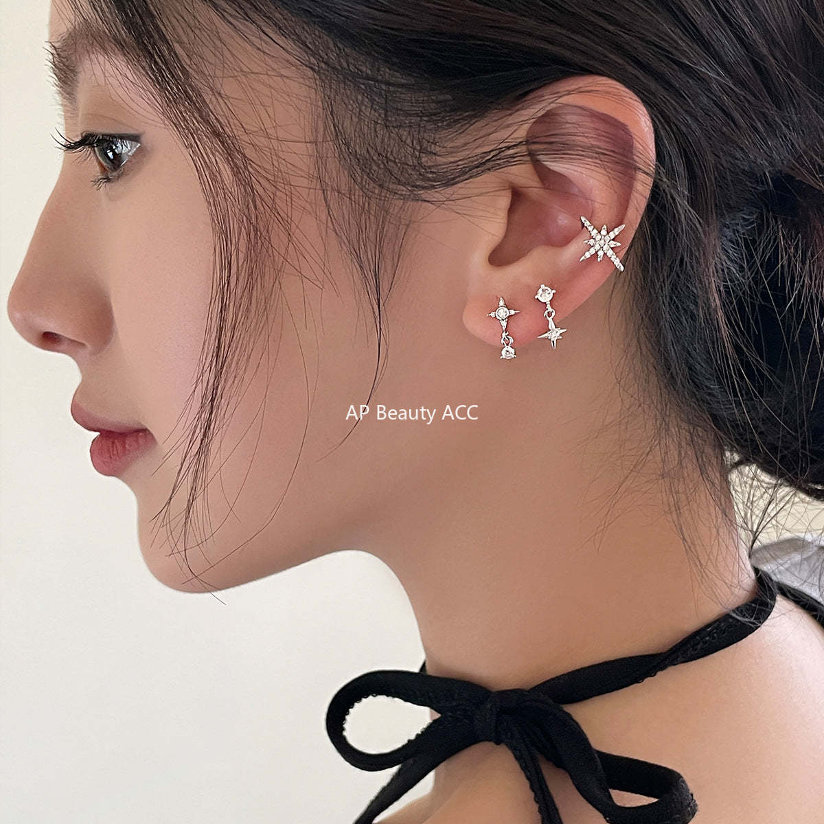 C廠-925銀針四芒星耳環女小眾設計百搭鋯石耳圈高級感個性疊戴風耳飾「EH-3972」25.10-5