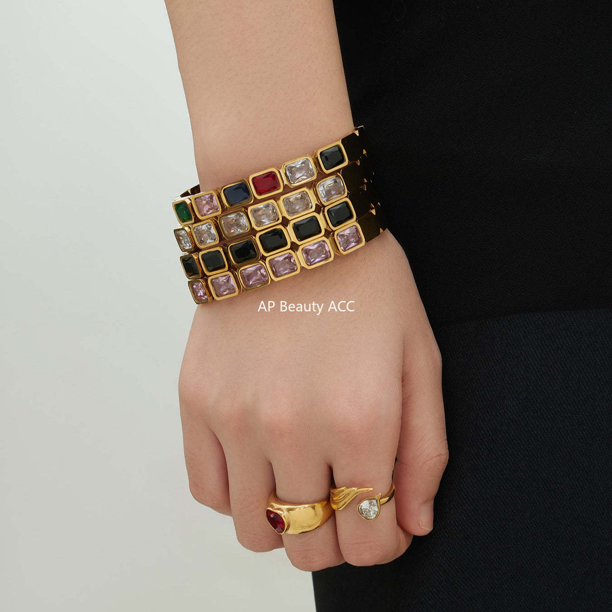 B廠-不鏽鋼方形彩色玻璃石手鐲ins小眾設計歐美潮酷飾品鍍18k金不掉色「Z518」25.12-2