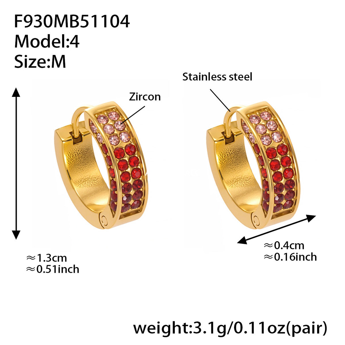 B廠-ins風高質量彩色5A鋯石圓圈卡扣耳環不鏽鋼鍍18k真金耳飾女「F930」25.11-2