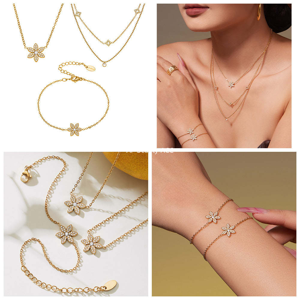 B廠-簡約時尚花朵滿鑽鋯石吊墜雙層疊戴項鍊不鏽鋼手鍊戒指套裝「TXP492」25.11-4