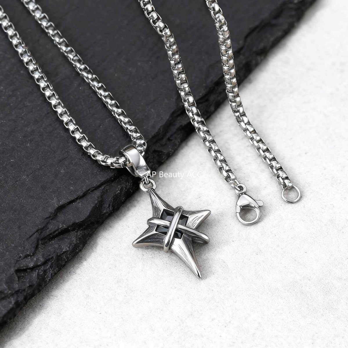 G廠-歐美日韓夜店酒吧嘻哈個性不鏽鋼四芒星鑲黑鋯石吊墜鋼「PN-2316」25.12-3
