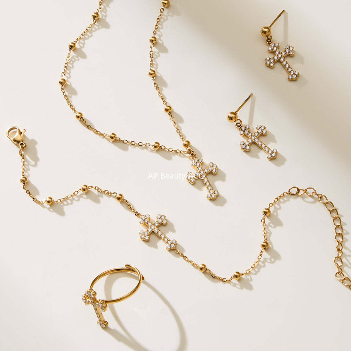 B廠-超閃5A鋯石十字架吊墜項鍊手鍊耳環戒指首飾套裝不鏽鋼材質「TXP487」25.11-4