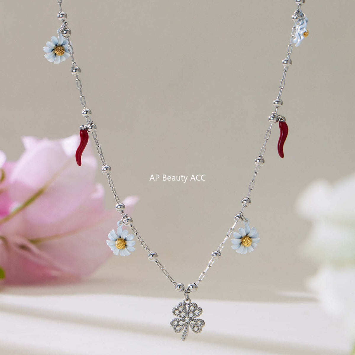 B廠-5A鋯石幸運草法國小雛菊多吊墜項鍊手鍊套裝不鏽鋼珠寶首飾「TXP483」25.11-4
