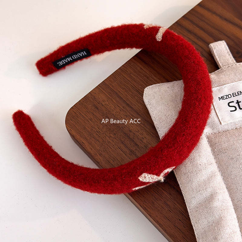 E廠-新年紅色刺繡蝴蝶結高顱頂髮箍女溫柔外出高級感頭箍髮捆可愛髮飾「27756」25.12-1