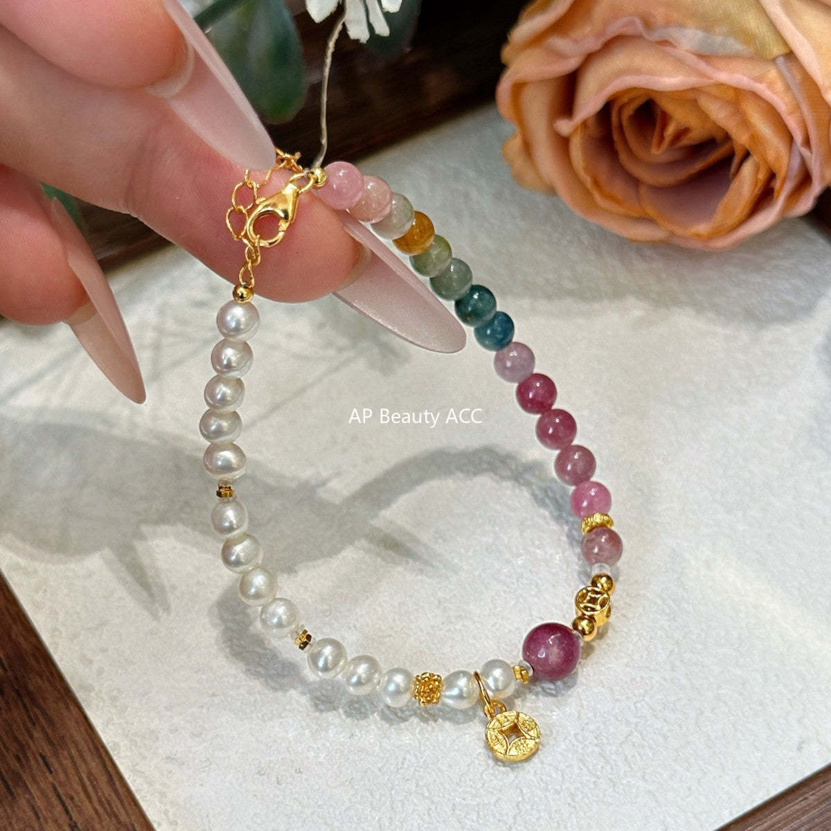 AS廠-天然碧璽手串手鍊女ins小眾設計簡約手飾氣質簡約珍珠手串「l2929」25.11-3